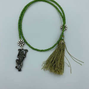 Green Frog Charm, Seed Bead and Silk Tassel 14 Inch Book Thong Bookmark