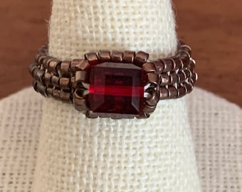 Square Red Swarovski Crystal and Seed Bead Ring