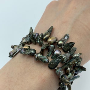 Green Freshwater Pearl and Sterling Silver 3 Strand 7 Inch Bracelet