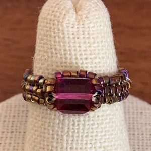 Square Fushia Swarovski Crystal and Seed Bead Ring