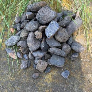 May include: A collection of dark grey and black charcoal pieces with varied textures and irregular shapes. The pile consists of numerous small to medium-sized fragments, some showing porous surfaces and others with smooth, reflective, or matte finishes.