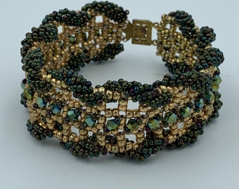 Gold and Green Seed Bead and Thunder Polish Crystal 8 Inch Beadwork Bracelet