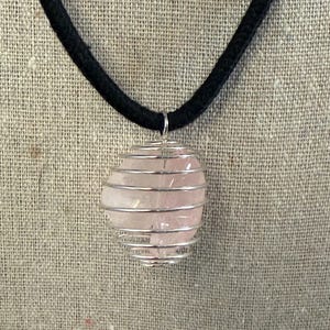 2 Polished Rose Quartz Stones in a Coiled Bead Cage Pendant Necklace