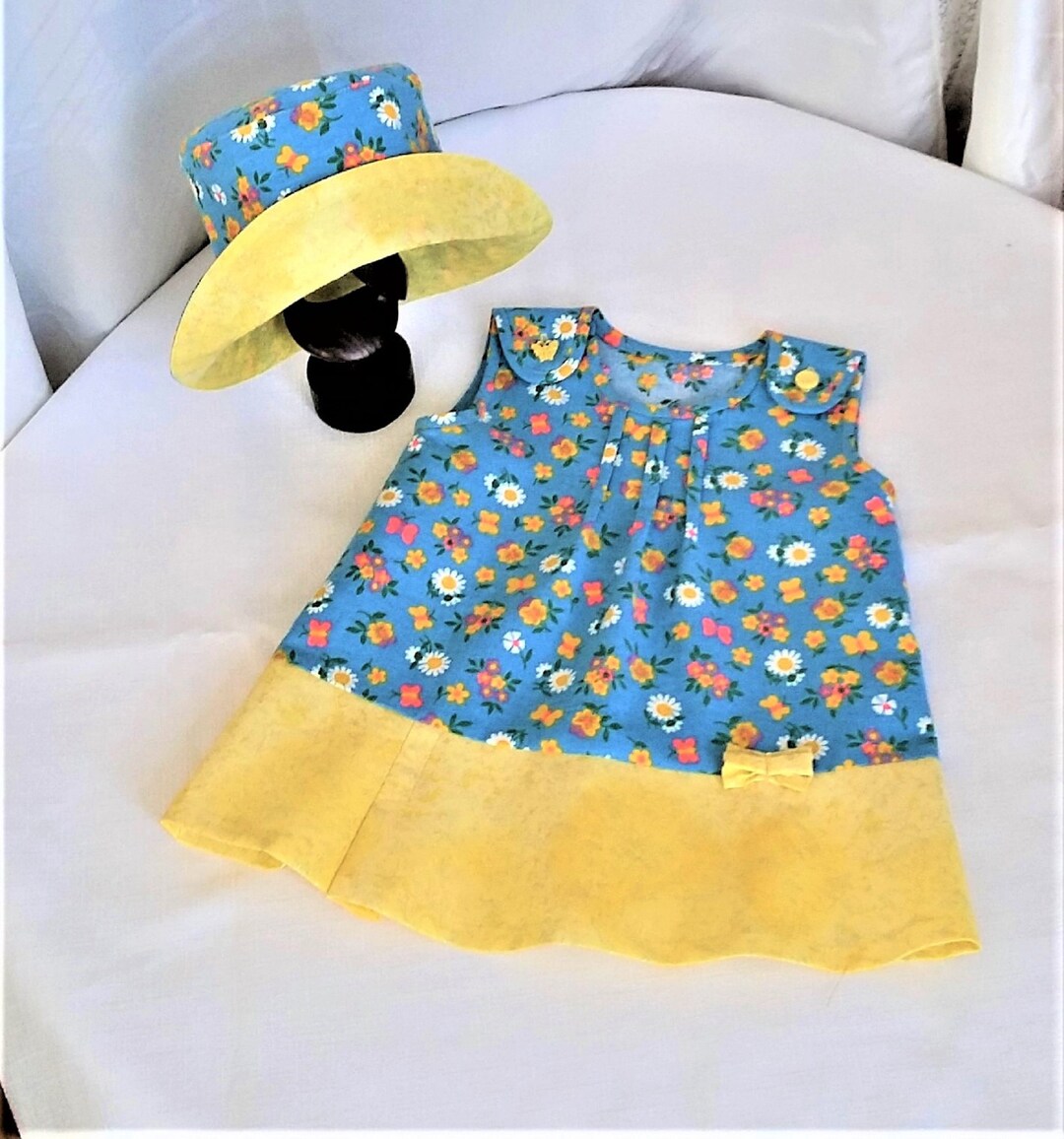 Handmade Little Girl Dress and Bucket Hat, Blue and Yellow Cotton Dress and Hat for a Baby Girl