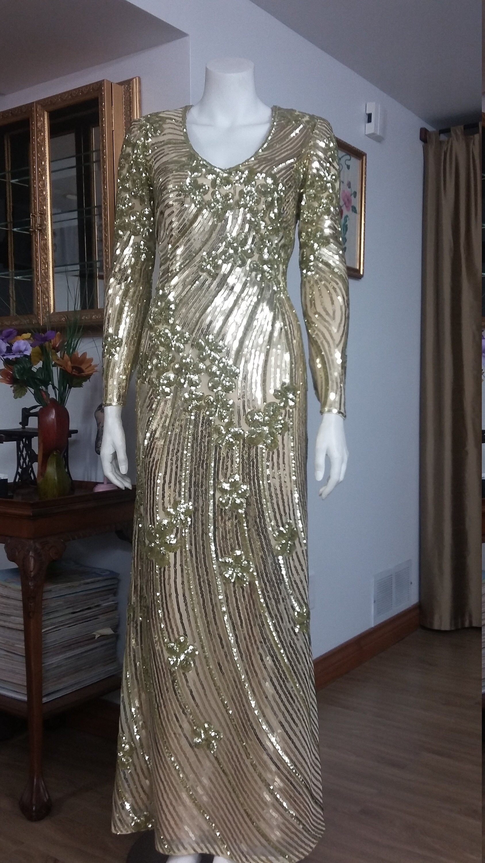 Gold Sequin V-neck Floor Length Mother of the Bride or Groom Dress