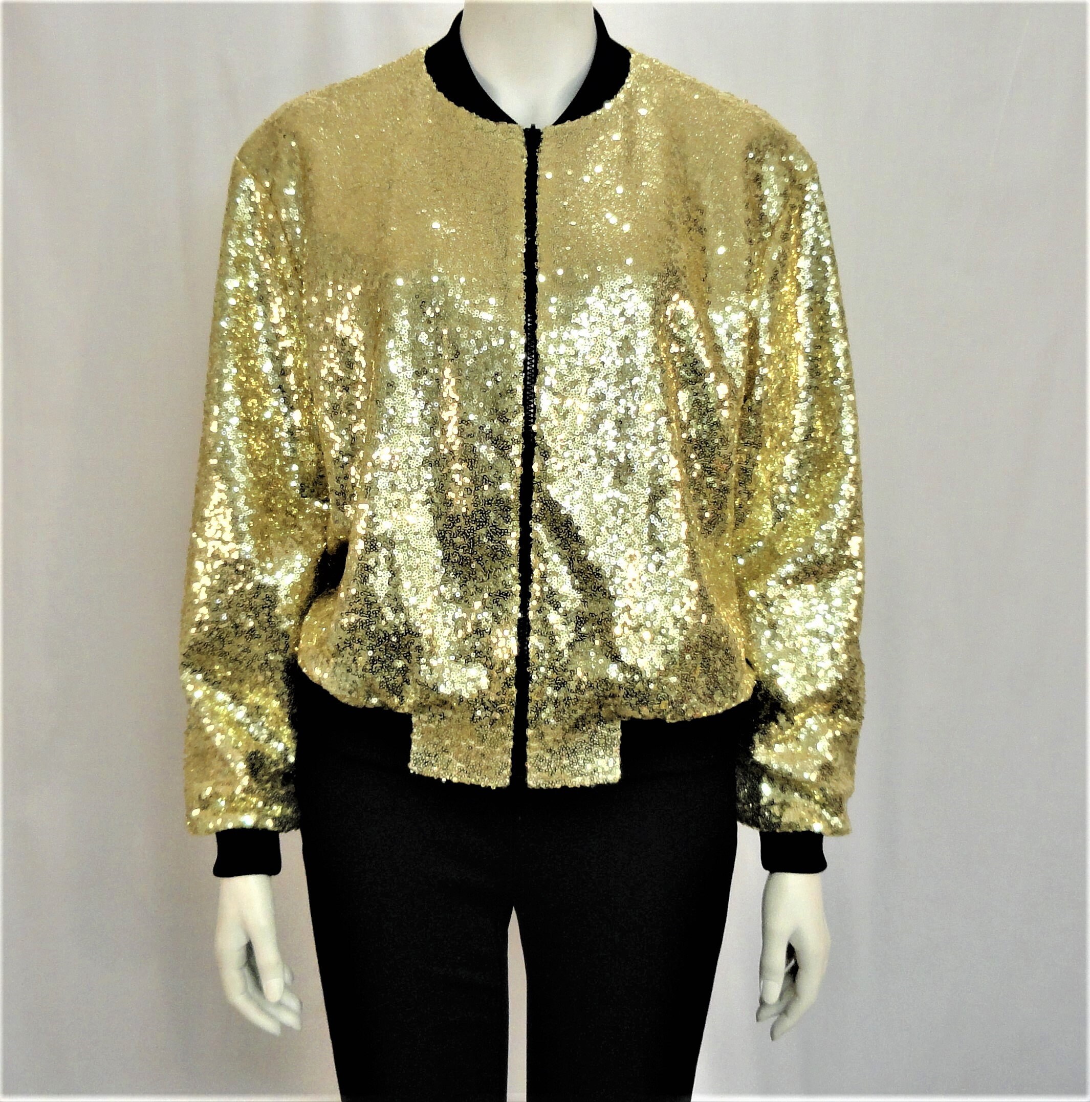 Handmade Unisex Sequin Jacket, Gold Bomber Jacket, Gold Disco Bomber 