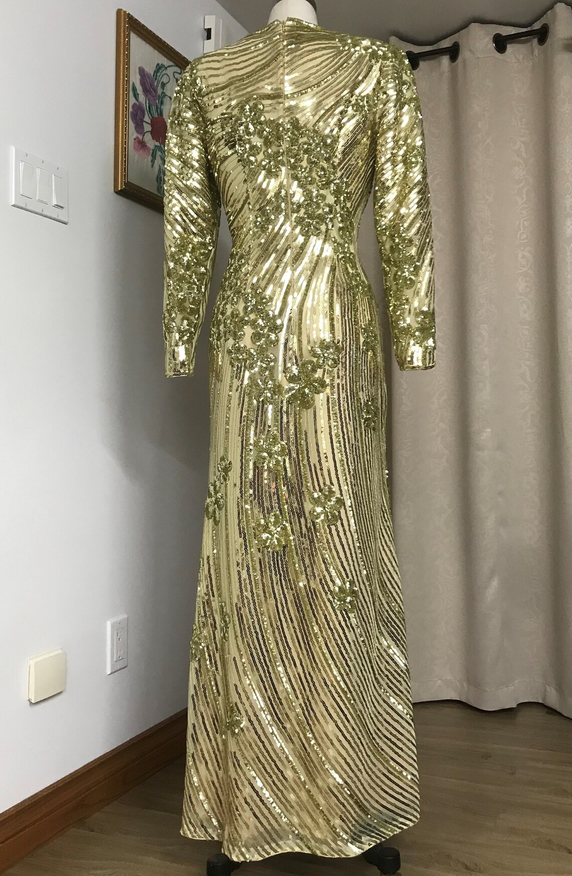 Mother of the Bride Dress, Gold Sequin Evening Gown, Handmade Elegant