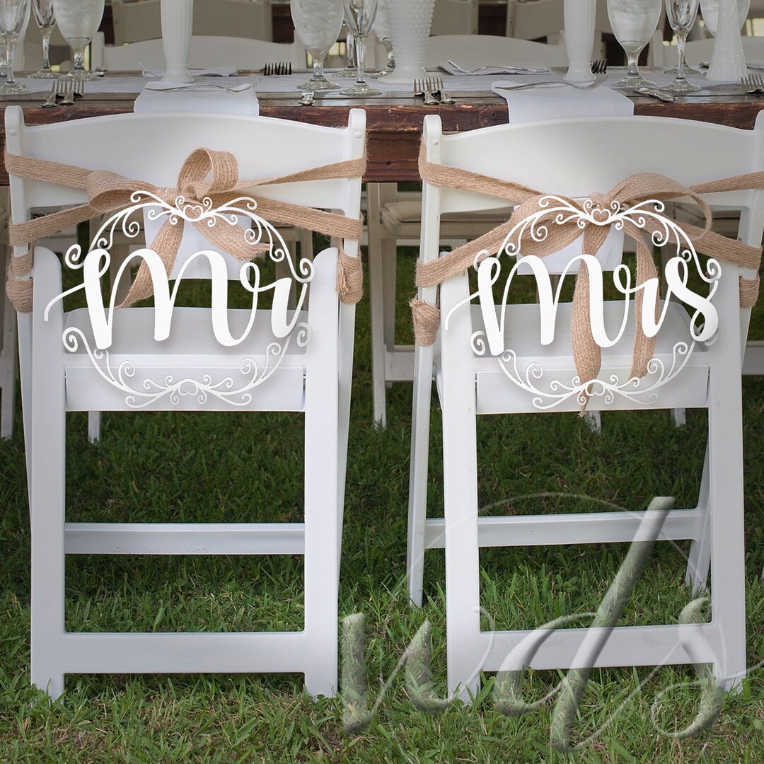 Mr &amp; Mrs Chair Signs, 12in. Scroll Hand Drawn 3D Wedding Reception ...