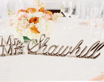 Mr & Mrs Sign Custom Family Name 4in. gold sweetheart table decor centerpiece head table sign calligraphy