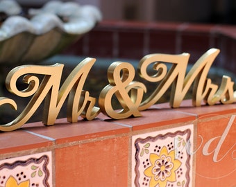 Mr and Mrs Sign, 5in. GOLD Metallic Classic Script Sweetheart table wedding reception centerpiece decor bride groom -  Cheap Shipping!