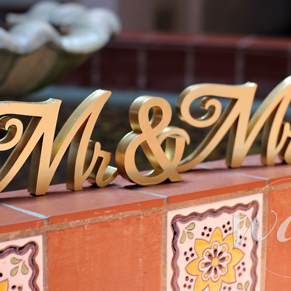 Mr and Mrs Sign, 5in. GOLD Metallic Classic Script Sweetheart table wedding reception centerpiece decor bride groom -  Cheap Shipping!