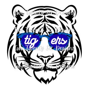 May include: Black and white tiger face illustration wearing blue sunglasses. The sunglasses have the word "tigers" in white text. The image has the text "Two Twenty Six Designs" in a watermark style.