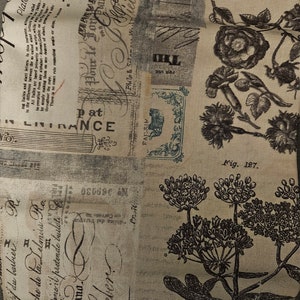 May include: A beige fabric with a vintage design featuring black and white floral illustrations, text, and stamps. The text includes "Plate 140", "Pat LIRIDANCE", "Pour le Vory", "Philp &", "FACSIM", "FOR USE", "S.S", "up at", "N ENTRANC", "Fig. 127", "Motif du barbier", "Marche de la Lelmira", "watino il pretende burlotito", "Frano", "Lieber", "chiica del Vers", "360030".
