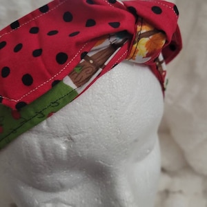 Vintage Headwrap - autumn apple trees / owls with red / black polka dots