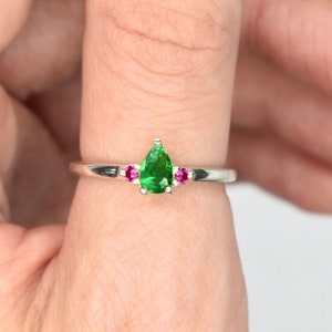 Enchanting Garden: Green Pear Ring Accented with Two Ruby Round Stones - Stacking Ring
