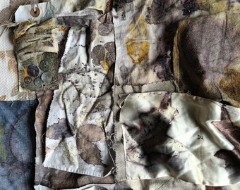 Eco-printed and naturally dyed fabric bundle for slow stitch and embroidery projects.
