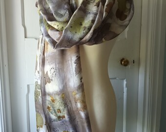 Eco-printed pure silk shawl. Botanical contact printed luxurious silk shawl, unique.