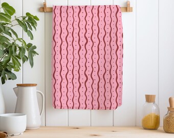 Toalla de cocina de San Valentín / Microfibra con líneas onduladas y puntos rosas