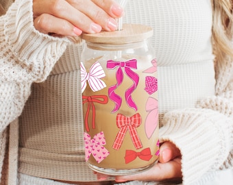 Vaso de vidrio de 16 oz con lazo rosa de San Valentín