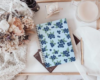 Cuaderno espiral con estampado de arándanos / diario rayado, 6x8