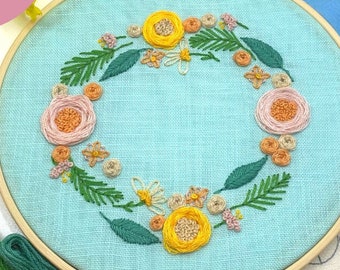 Floral wreath Beginners embroidery kit, Easy Hand embroidery, Summer embroidery, Flower embroidery kit, New hobby gift