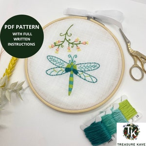 Dragonfly PDF embroidery pattern, PDF downloadable pattern with video guide, DIY Dragonfly decoration kit, Hand embroidery