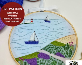 Sea view PDF embroidery pattern with videos, PDF downloadable pattern, Hand embroidery Pattern