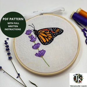 Butterfly and Lavender embroidery pattern, PDF downloadable pattern, Hand embroidery design