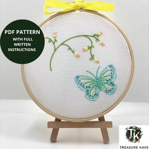 Butterfly Embroidery Pattern, Instant Digital download, PDF embroidery pattern and stitch guide, Hoop art pattern