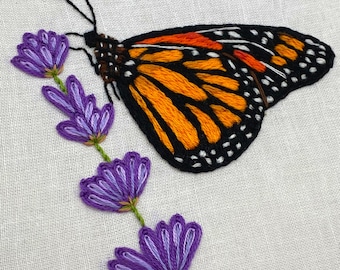 Butterfly and Lavender embroidery kit, Hand embroidery pattern, Monarch Butterfly gift, Botanical Embroidery Pattern, Needlepoint beginner