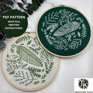 Tropical leaves PDF download embroidery pattern, Leaves Embroidery design, DIY Plant lover decoration kit, Written guides