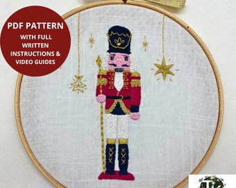 Nutcracker PDF embroidery pattern, PDF downloadable pattern with video guides, Hand embroidery Pattern, Christmas Nutcracker pattern