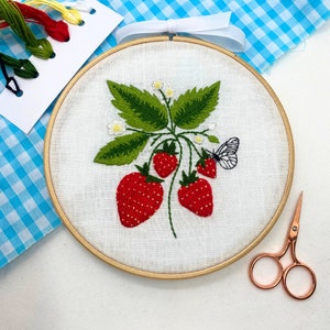 Borduurpakket aardbei, handborduurpatroon, botanisch borduurpatroon, beginner naaldpunt