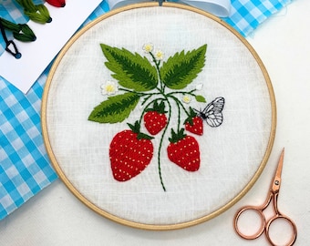 Strawberry embroidery kit, Hand embroidery pattern, Botanical Embroidery Pattern, Needlepoint beginner