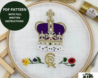 Coronation Crown PDF embroidery pattern, PDF downloadable pattern, Hand embroidery Pattern, Crown and CR initials