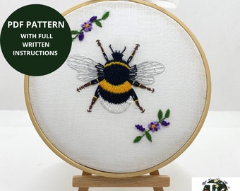 Bumble Bee PDF embroidery pattern, PDF downloadable pattern , DIY Bee decoration kit, Hand embroidery