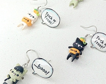Mismatched Halloween Earrings in Polymer Clay - Cute Animals in disguise, mask, costume