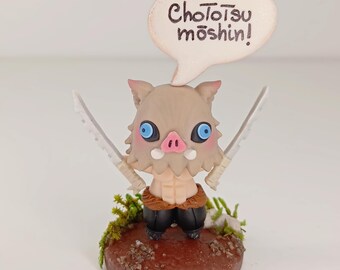 Chibi Inosuke Demon Slayer polymer clay figurine – kawaii miniature 4 cm or pendant 2 cm – keychain, necklace, earrings