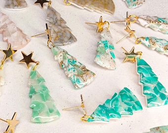 Handmade Polymer Clay Earrings – Christmas Tree with star topper, Gemstone Effect with Gold Leaf. Choose your favorite one!