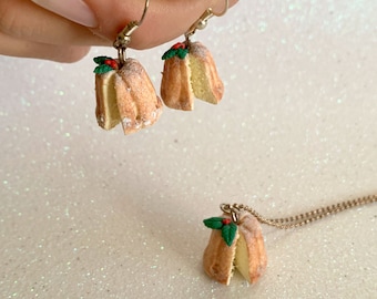 Christmas Necklace & Earrings - Mini Pandoro Panettone Miniature Charms with Holly, Italian Christmas Cake handmade in polymer clay