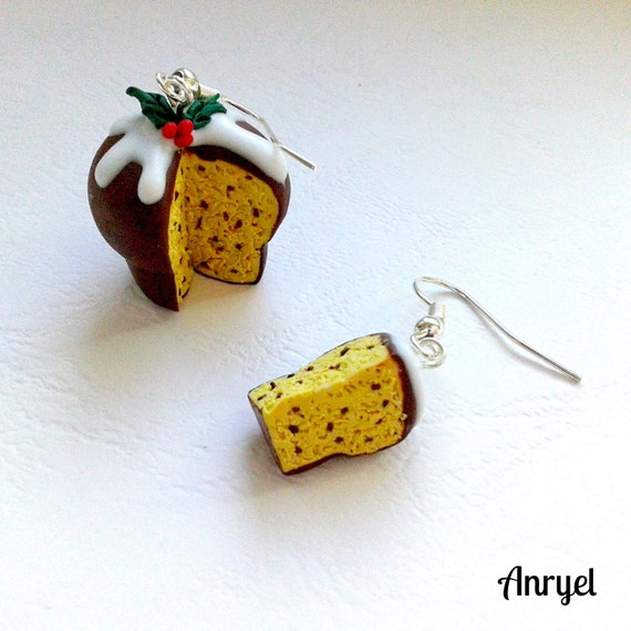 Collana e Orecchini Natalizi - Miniatura di Panettone al cioccolato con Gocce di Cioccolato, Glassa e Agrifoglio