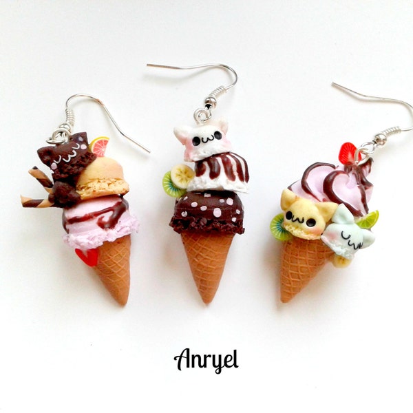 Boucles d'oreilles Ice Cream - chat minou fruits glace Summer boucles d'oreilles Kawaii Fimo Handmade Funny