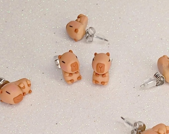 Polymer clay capybara earrings | Mini kawaii stud earrings with stainless steel studs | Original handmade gift idea