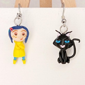 Coraline & the Secret Door, Coraline and Cat Earrings - Handmade Polymer Clay Fan Art - One of a Kind