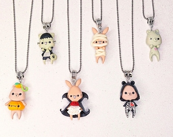 LIMITED EDITION Halloween Necklaces in Polymer Clay - Cute Animals in disguise, mask, costume