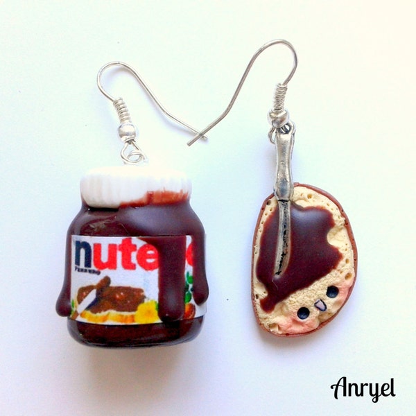 FAN ART Boucles d'oreilles Nutella avec tranche de pain et Nutella - Boucles d'oreilles sucrées pain crème chocolat kawaii fait main fimo