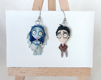 Limited Edition, Earrings, Necklace, and Keychain in Polymer Clay Inspired by Ghostly Bride and Groom Characters