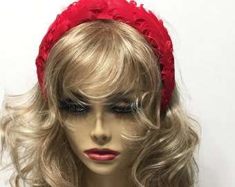Red Padded Headband, Red Feather Headpiece, 1920s Gatsby Headpiece, Padded Velvet, Gatsby Prom , 1920s Hair Accessory, Vintage inspired