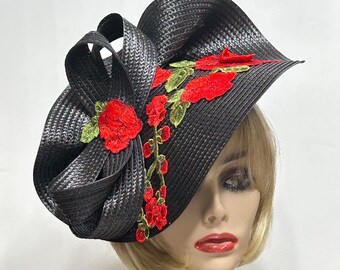 Kentucky Derby Spring Black and Red Rose  Floral Fascinator Hat Church Tea Black White Derby Hat, Kentucky Derby Hat, Big Brim Derby  main image 3