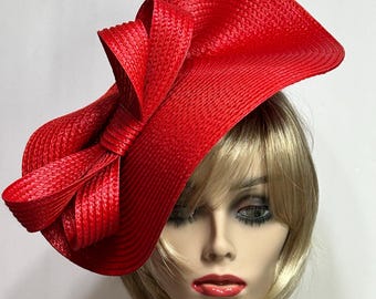 Red Organza Kentucky Derby Hat: Feather Flower & Large Bow  display picture 1